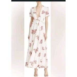 On The Road Crinkled Gauze Deep V Maxi Dress‎ Embroidered Accents Whimsical Sz M